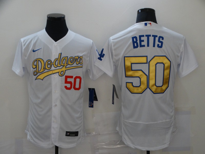 Men's Los Angeles Dodgers #50 Mookie Betts White Gold 2021 Stitched Jersey